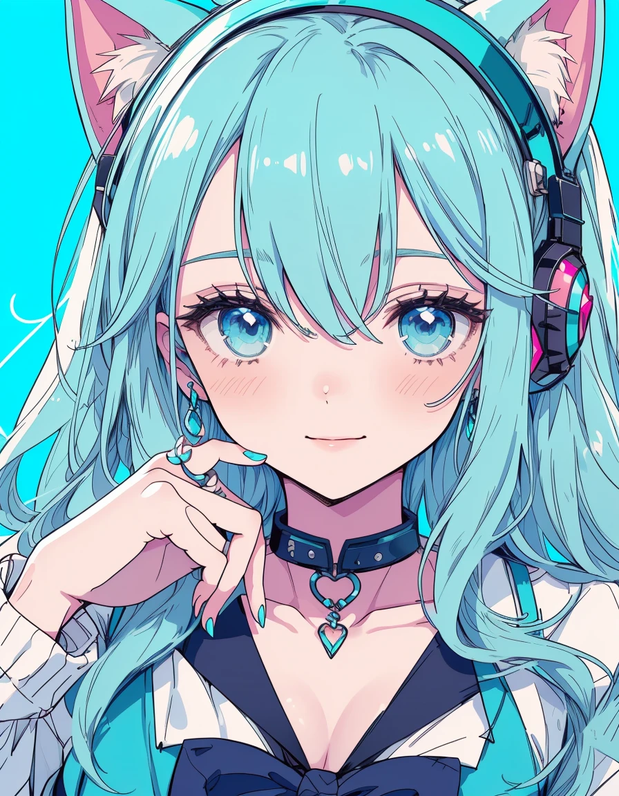 cyber punk, Undine and mermaid, bikini, smile, fullbody, ((masterpiece, best quality:1.5)), ((Beautiful detailed cat aqua eyes:1.2)), cat ears, pale skin, medium breasts, beautiful hands, beautiful fingers, EasyNegative