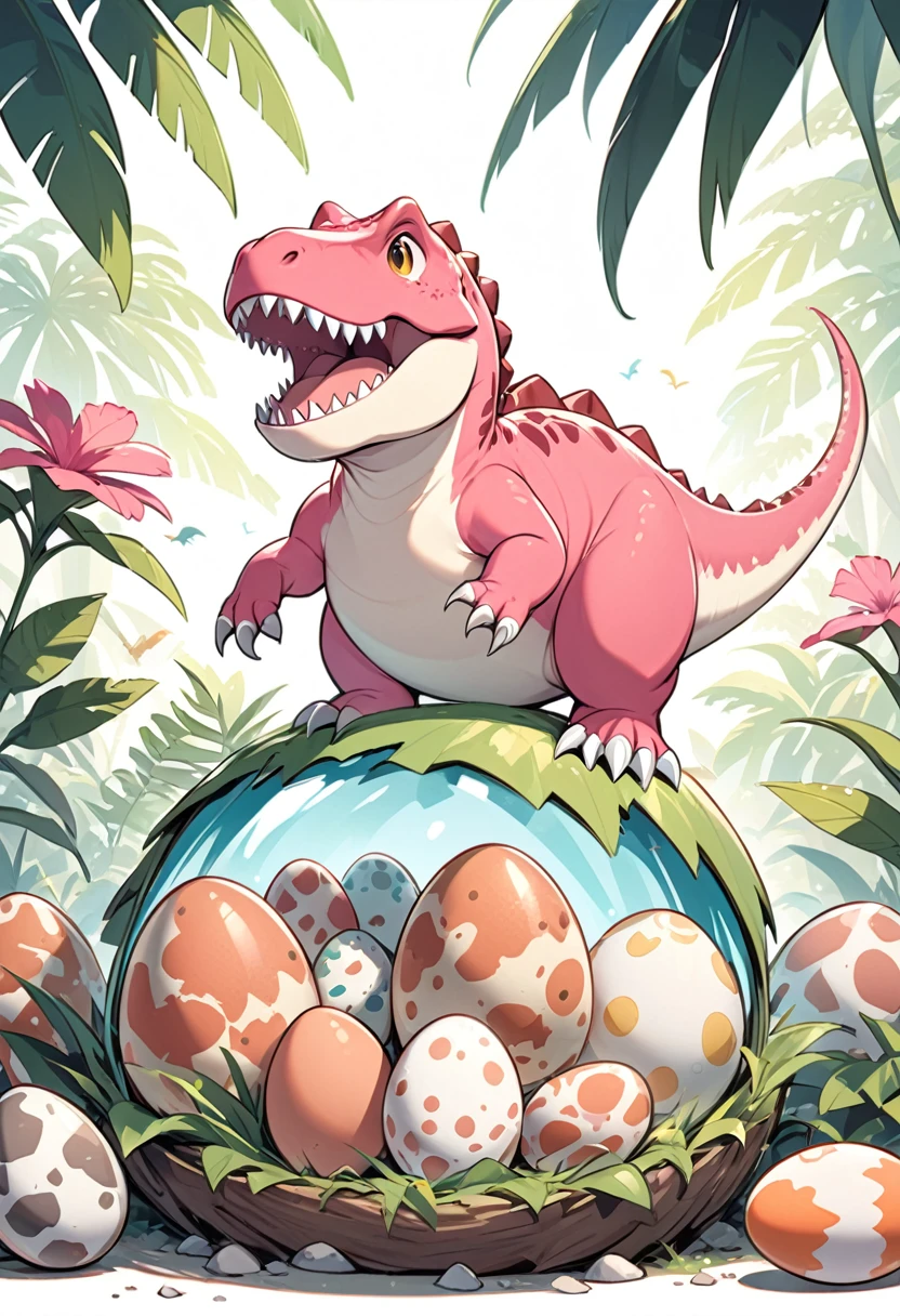 Interesting illustrations:Cute pink Tyrannosaurus Rex,Dinosaur eggs in a bird's nest