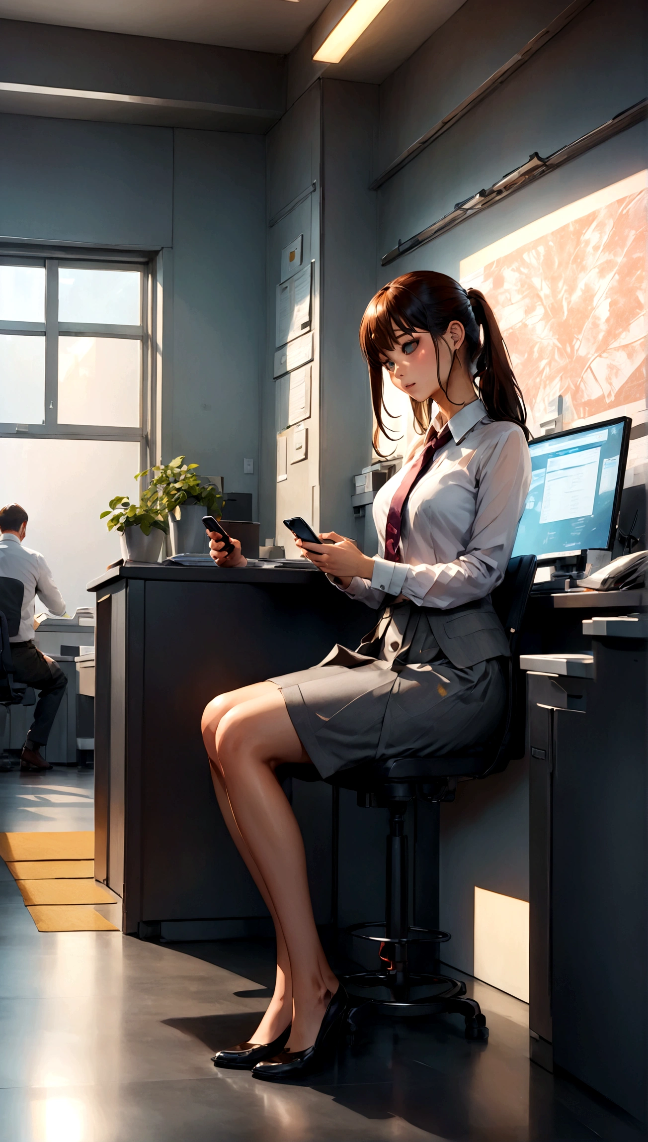 Ultra-high-resolution 8K portrait of a hyper-realistic J-POP styled office scene with a beautiful woman discreetly checking her smartphone while at work, extremely detailed, cinematic composition, trending on ArtStation