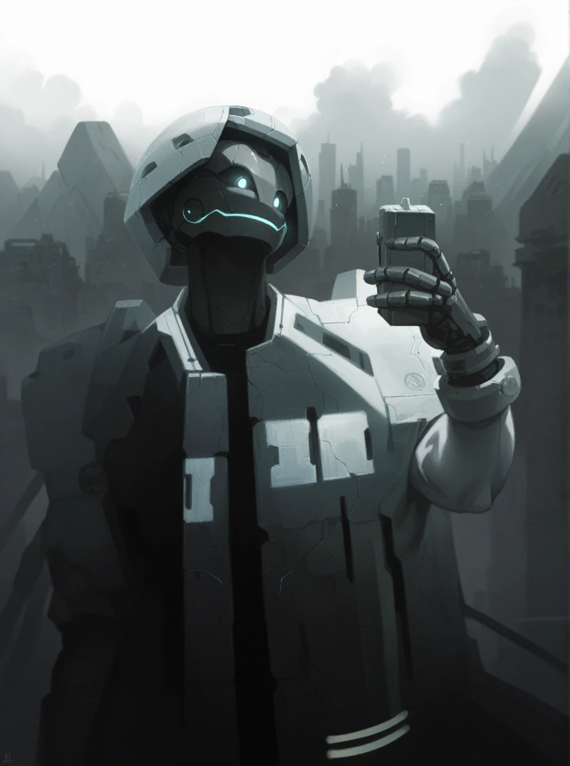 Sky, Clouds, holding_weapon, no_humans, Glow, Robot, Architecture, glowing_eyes, Mecha, Science Fiction, City, Reality, Mecha, Full Body