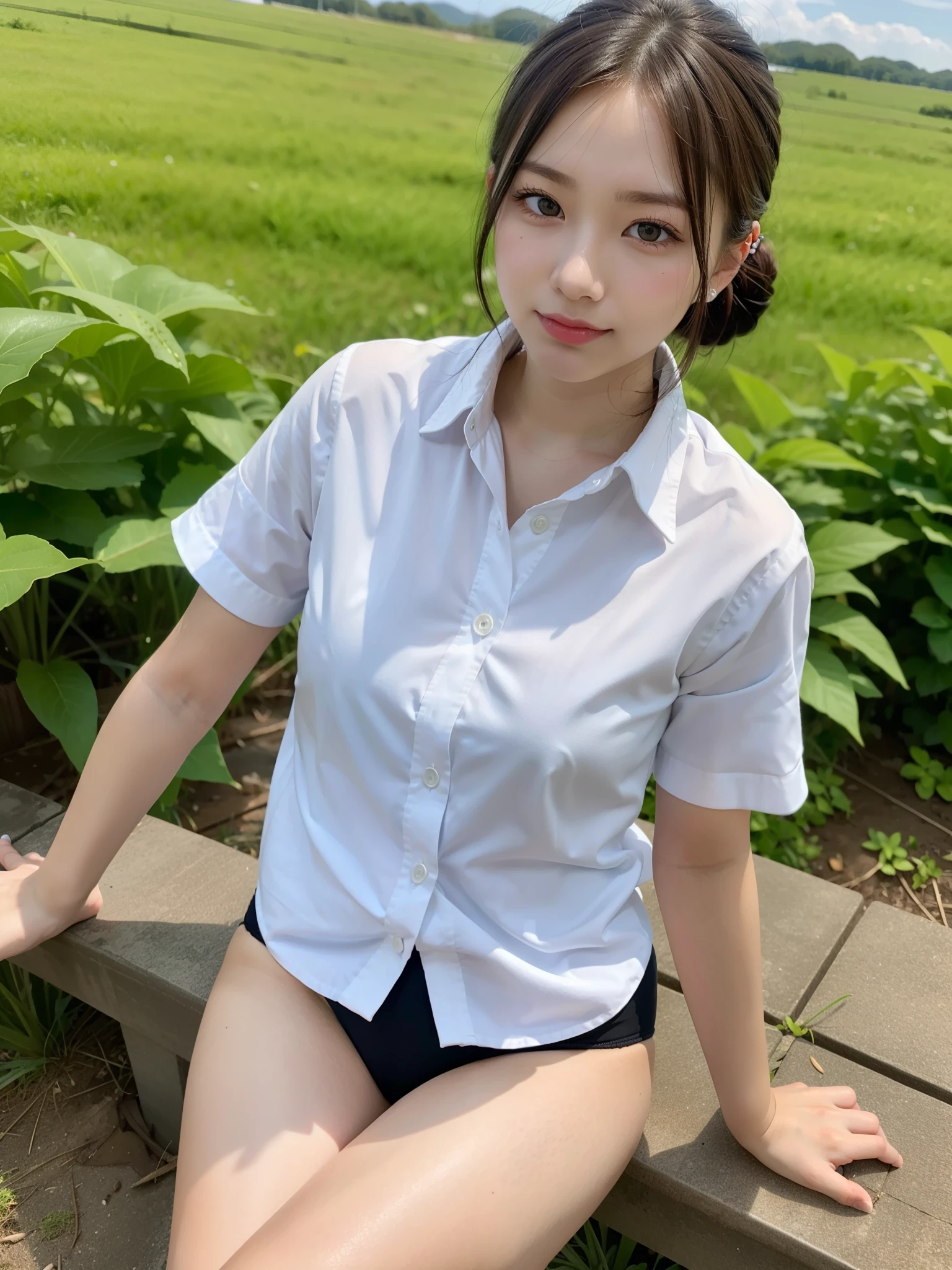 ((Best of the highest quality, 8k, Masterpiece, raw photo: 1.2)), (Sharp focus: 1.2), (1 AESPA, slim body type female, 21 y/o: 1.1), (Solo: 1.28), (realistic, photo-realistic:1.37), face focus, cute face, finely eyes, (droopy eyes: 1.32), (Emphasize prominent aegyo-sal with bright: 1.2), shimmering eyeshadow applied under the lower lash line, paired with thick, (small breasts, flat chest, Thigh: 1.3), (short messy hair, updo: 1.28), (wearing button down business shirt, panties: 1.32), sitting on rice field, paddy field, flower, (from below: 1.12)