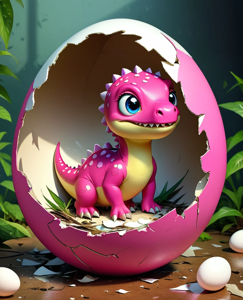 Interesting illustrations：Pink little dinosaur in a broken eggshell，Lovely