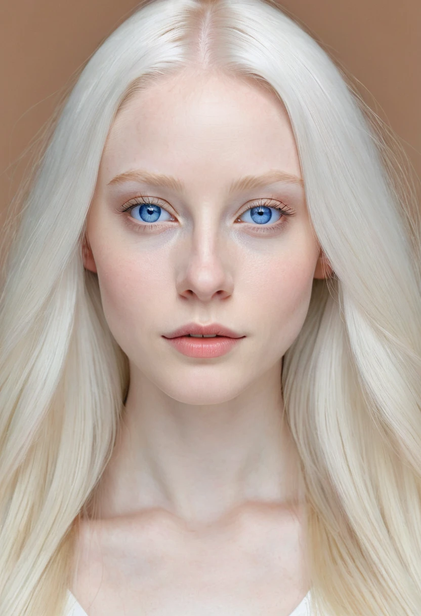 Extremely light albino woman, young, adult, neoteny, blue eyes, angelic face, fine features, thin nose, symmetrical face, small nose, perfect face, tenderness, smooth skin, perfect skin, very long light white hair,hyper realistic,centered front face, looking straight ahead