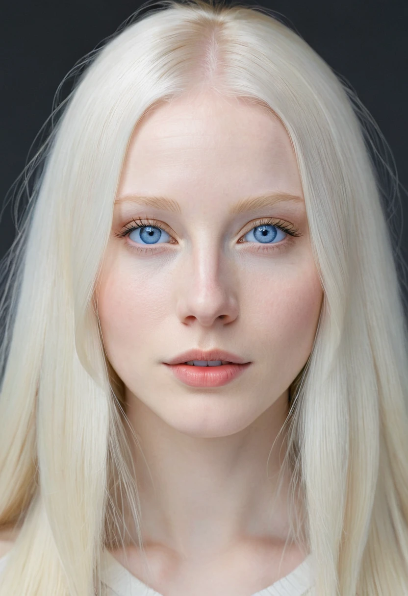 Extremely light albino woman, young, adult, neoteny, blue eyes, angelic face, fine features, thin nose, symmetrical face, small nose, perfect face, tenderness, smooth skin, perfect skin, very long light white hair,hyper realistic,centered front face, looking straight ahead
