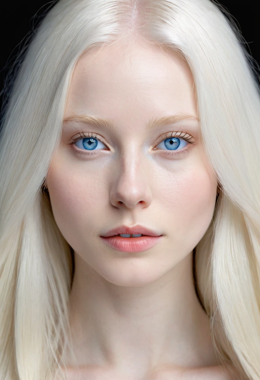 Extremely light albino woman, young, adult, neoteny, blue eyes, angelic face, fine features, thin nose, symmetrical face, small nose, perfect face, tenderness, smooth skin, perfect skin, very long light white hair,hyper realistic,centered front face, looking straight ahead