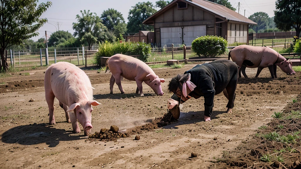 a young chinese men with specs is cleaning off pig poops in the farm yard, there are pigs walking around them.