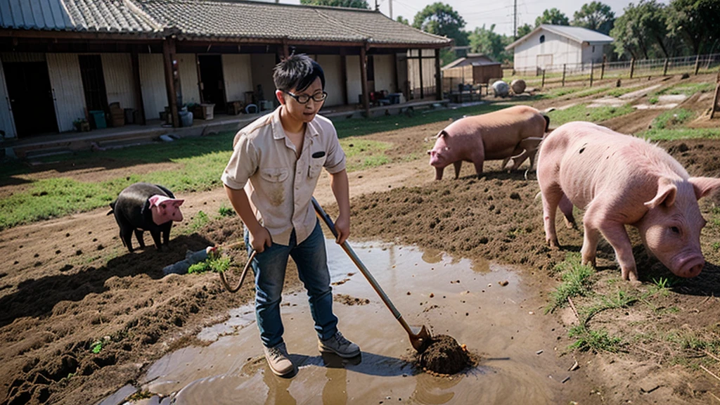 a young chinese men with specs is cleaning off pig poops in the farm yard, there are pigs walking around them.