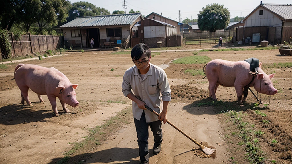 a young chinese men with specs is cleaning off pig poops in the farm yard, there are pigs walking around them.