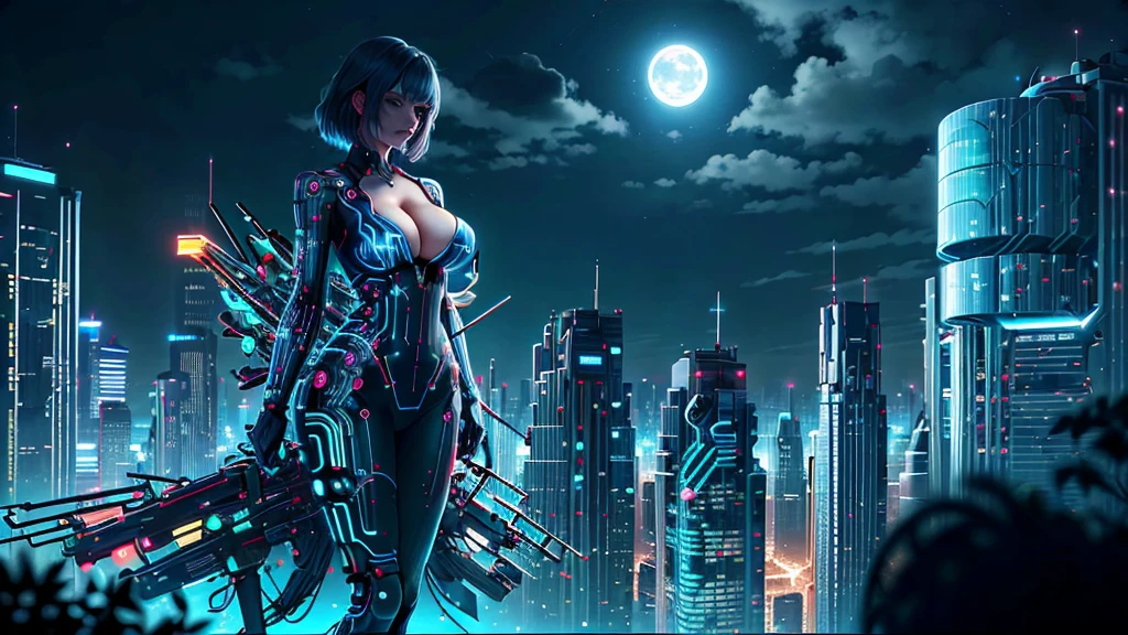 CircuitBoardAI skyscraper, 1woman, solo, (large-breast slim body, cleavage:1.4), nighttime, neon, moon, dark clouds, no stars, sci-fi, hitech building, futurism, detailed, high resolution.