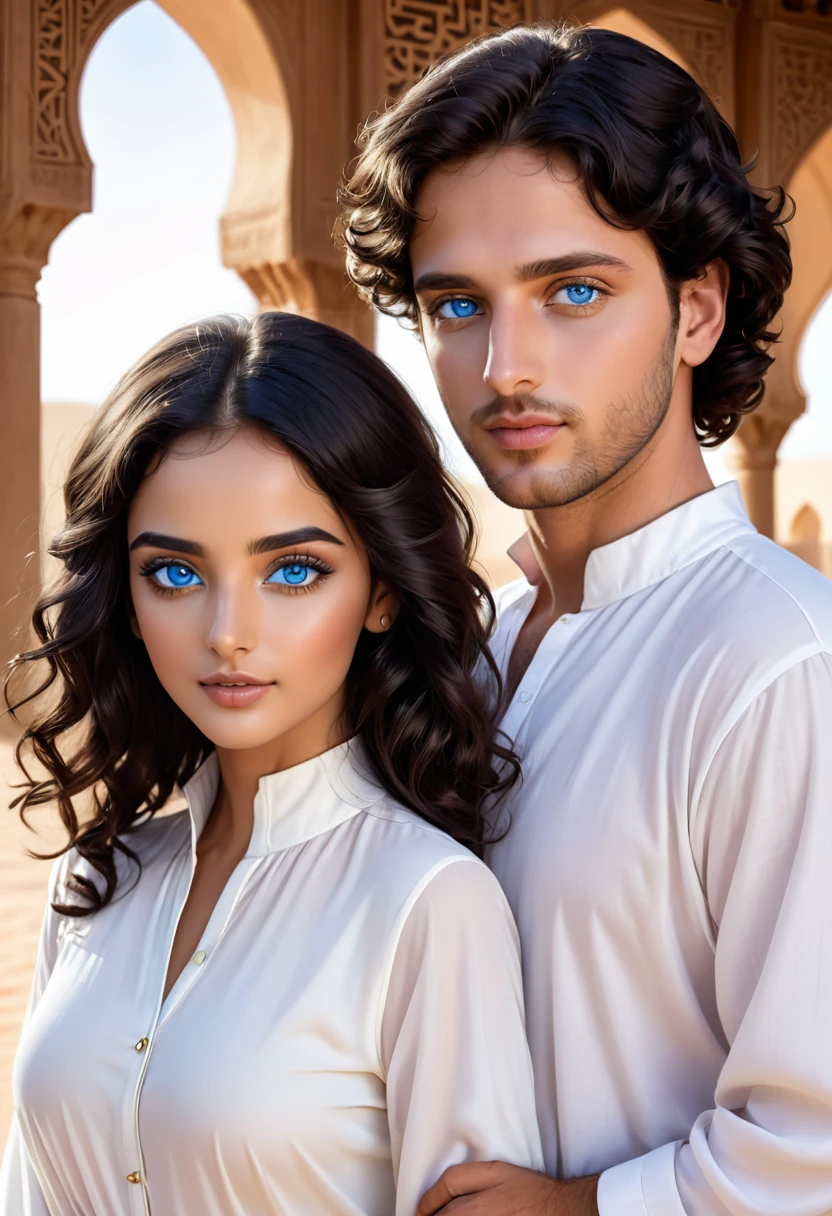 a couple composed of a woman with dark hair, skin fair, blue eyes and Arabic features with novice clothes, and a white man with short wavy dark hair, skin fair, brown eyes and white clothes