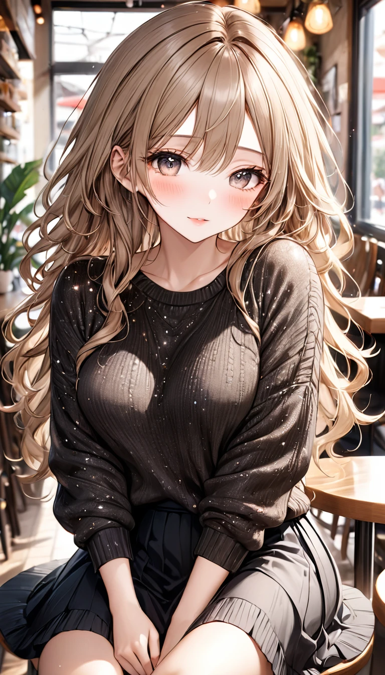 best quality, super fine, 16k, incredibly absurdres, extremely detailed, 2.5D, delicate and dynamic depiction, beautiful woman, amorous and lewd expression, light brown messy wavy hair, make-up, wearing loose fitting black summer knit sweater and long skirt, sitting in cafe, sparkly fluffy effect, portraits, prime lenses, lens filters, clear subject