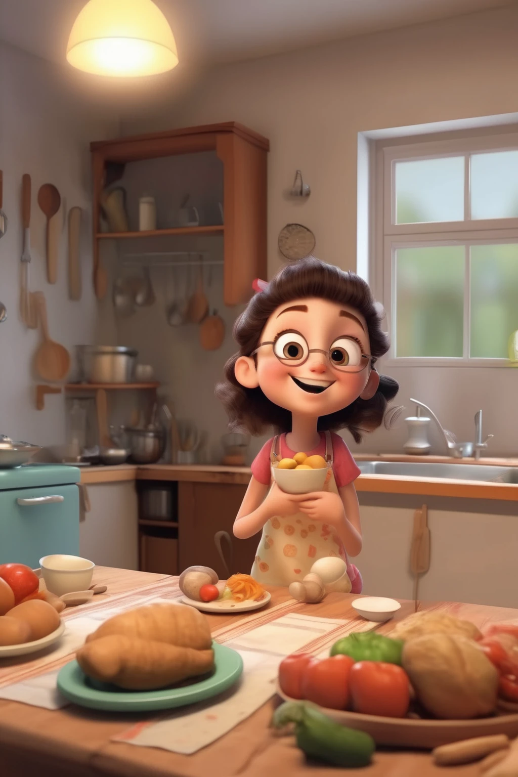 a is going to the kitchen and see tasty foods on the table she looks at the table with joy
