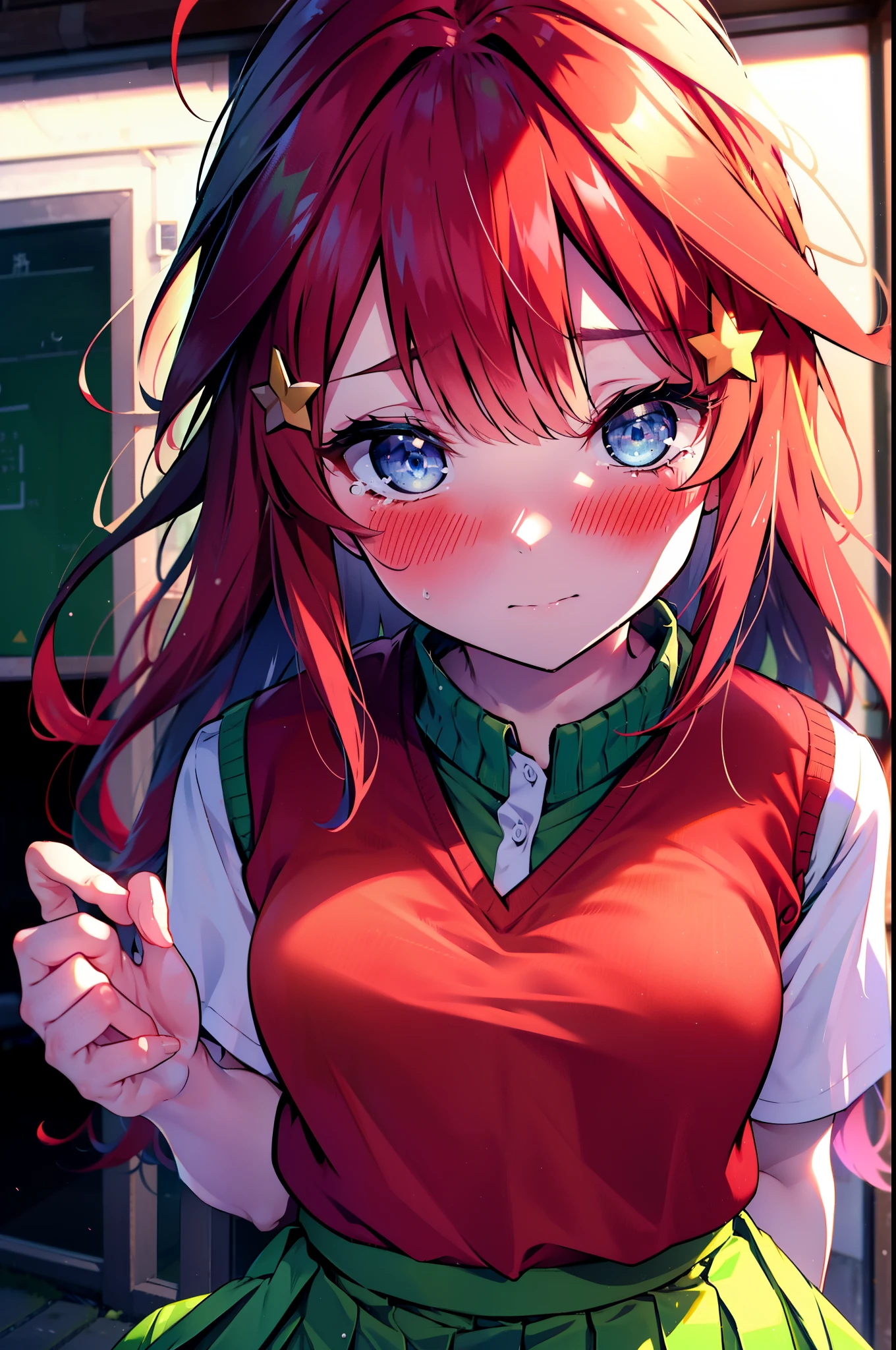 itsukinakano, itsuki nakano, bangs, blue eyes, Hair between the eyes, Ahoge, Redhead, star \(symbol\), hair ornaments, star hair ornaments,Tears stream down her face,Tears of joy,I cry a lot,blush,
 skirt, shirt , clavicle, white shirt, Short sleeve, Pleated skirt, socks, collared shirt, mini skirt, Knee-high, white socks, (Green Skirt:1.5), (red sweater vest:1.5),Black Loafers,Sunset,evening,The sun is setting,whole bodyがイラストに入るように,
break outdoors, Back of the school building,
break looking at viewer, whole body,
break (masterpiece:1.2), Highest quality, High resolution, unity 8k wallpaper, (figure:0.8), (Beautiful attention to detail:1.6), Highly detailed face, Perfect lighting, Highly detailed CG, (Perfect hands, Perfect Anatomy),