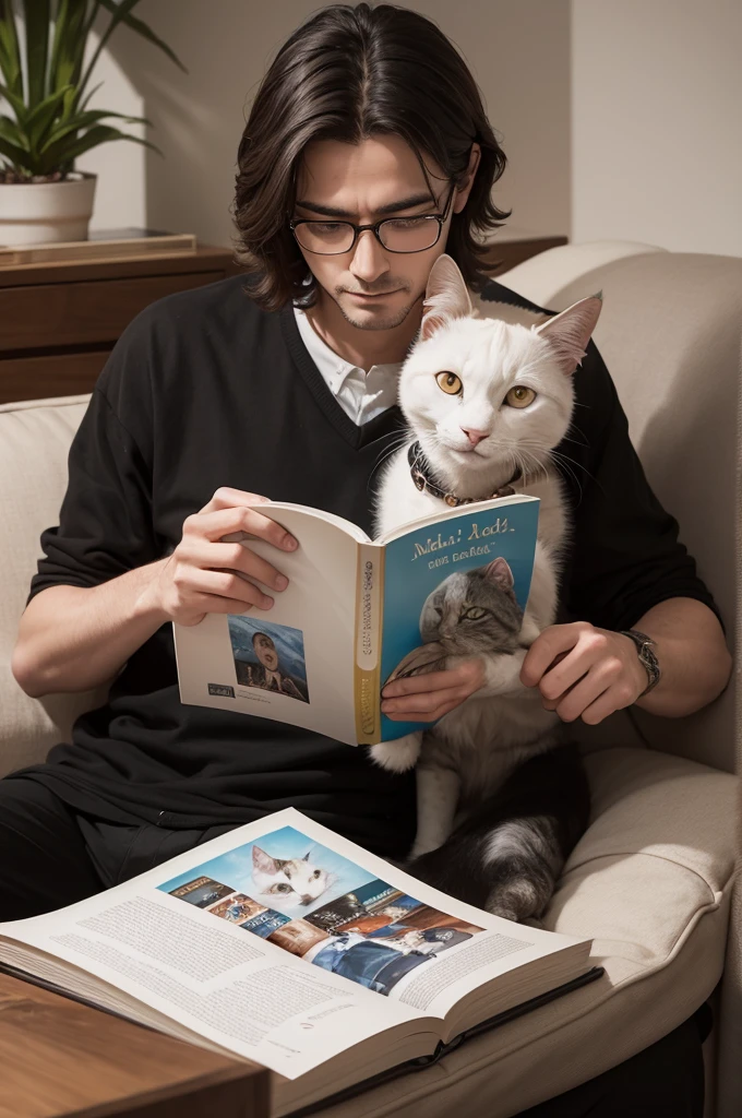 Create image of a lord, who loves technology and biology, but he really loves being on his couch reading his books and playing with his cat and dog