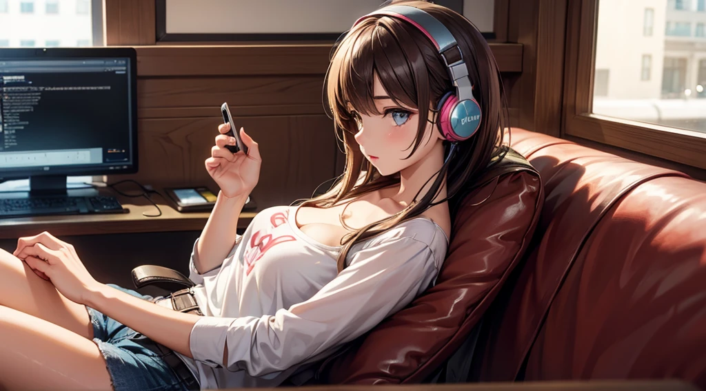 Girl with headphones enjoying music in a cafe I am studying Emphasize a little bit of the chest