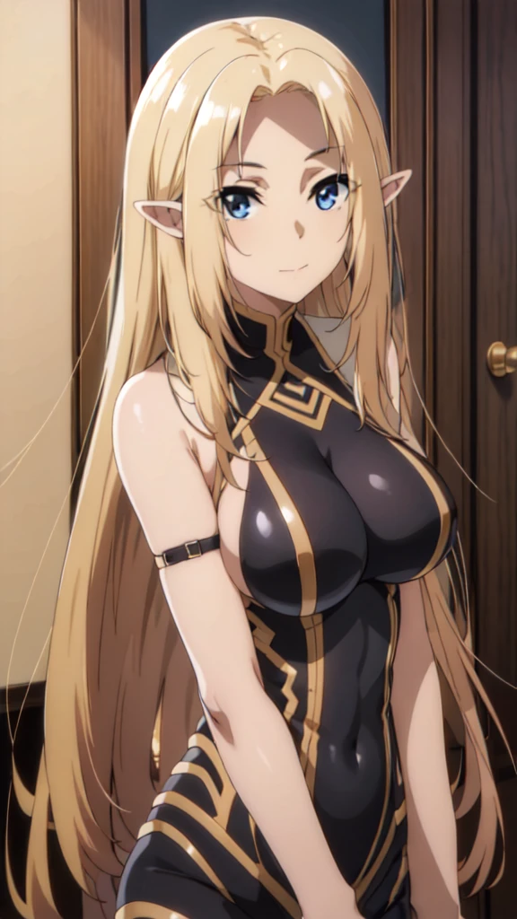 (Upper Body:1.4),(masterpiece:1.4),Medium Shot,anime,masterpiece,gravure, 8K,Realistic, Beautiful woman,An elegant and mature elven woman, Elf Ears,blue eyes,Place your arms behind your head,(美的animeの目:1.4),Large Breasts,blonde, (Black bodysuit), smile,Beautiful breasts,(8K resolution:1.4), High quality CG, Beautiful CG, Soft Light,View your audience,(24-years-old),