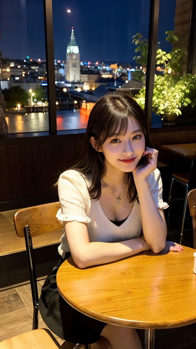 highest quality, masterpiece, 8K, ultra high resolution, (realistic: 1.4), beautiful face, symmetrical eyes, European, white hair, smile, wearing makeup, high-definition images, atmospheric perspective, super detail, accurate, best quality, (angle from under the table), an European lady, drooping eyes, sleepy face, blush, in parl, lush trees, skirt, high boots, necklace, cafe with large windows, takes a seat, (other customers), night scene, windows have harbor view, foods,