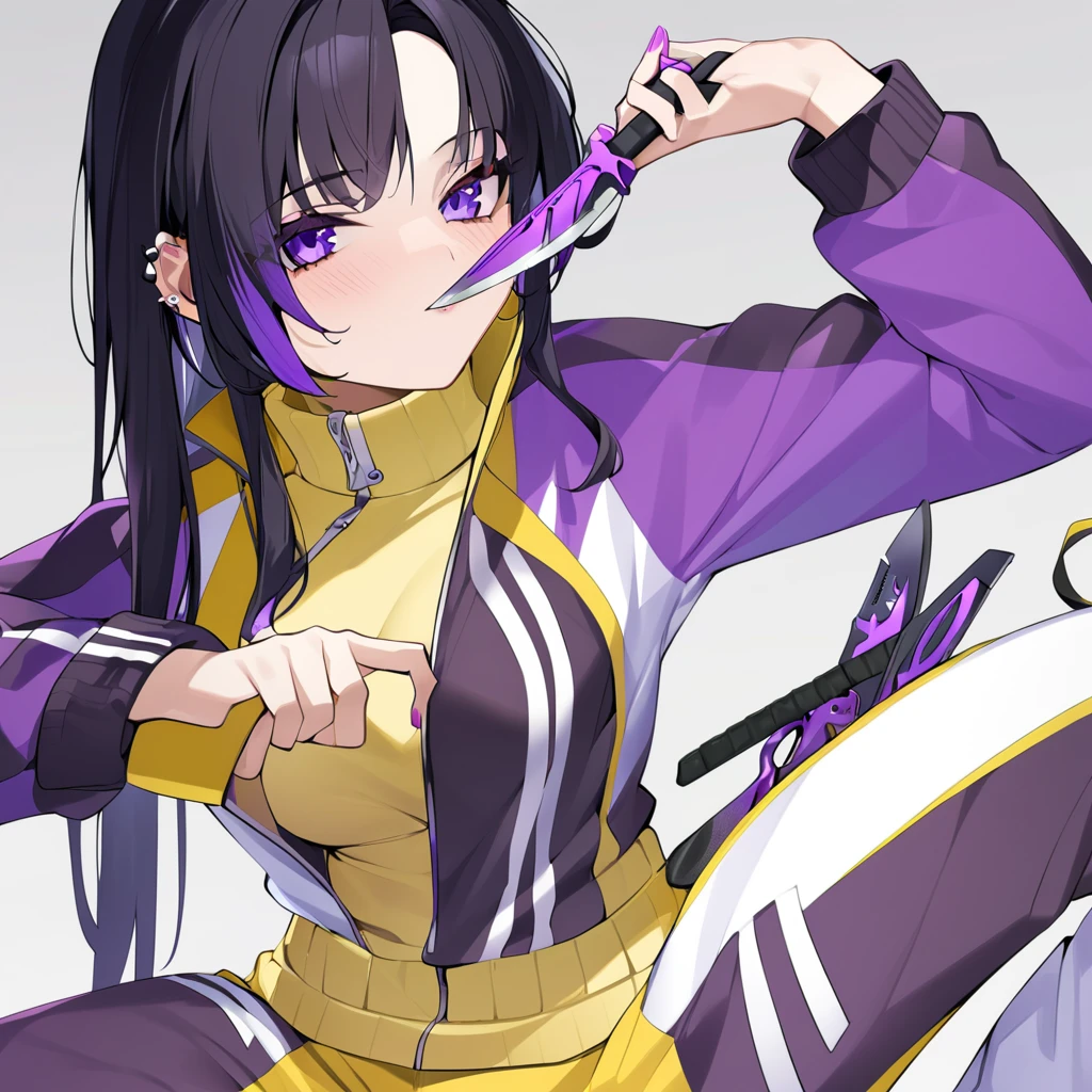 One girl, piercing purple irises, over the mouth high collar tracksuit, knife in hand, medium chest, yellow pants with purple accents, best quality, long black hair streaked with purple stripes, yellow tracksuit jacket,