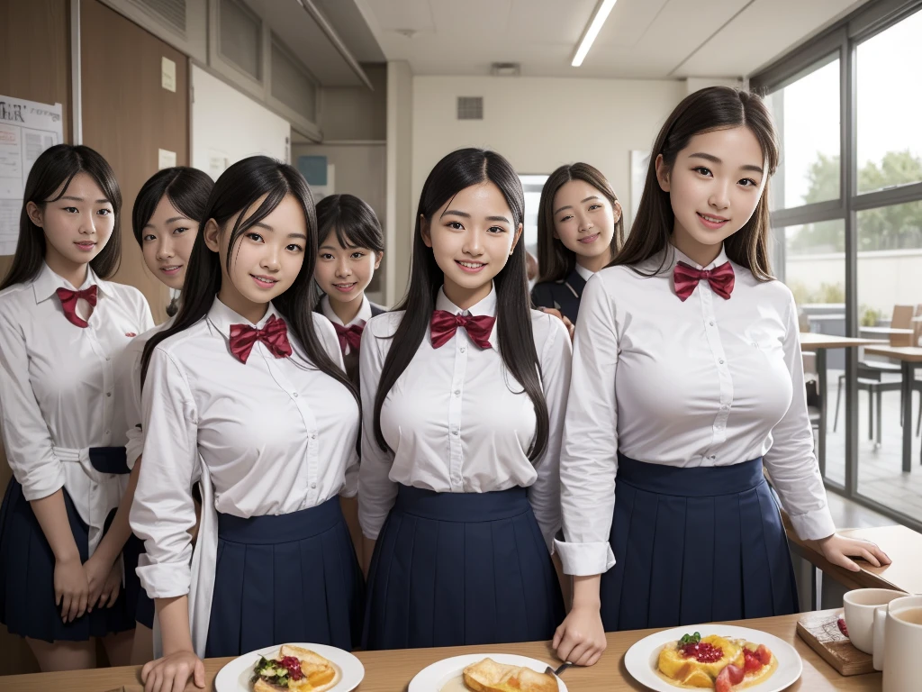 Big Breasts、Nipples、canteen、breakfast、A group of 10 female students standing in a row、uniform、Big Breasts、Nipples、Tucked up、smile、Women's dormitory、slender、Are thin、Blonde、Brown Hair、Black Hair、Huge boobs、Cleavage、Daytime、String Panties Thighs Thighs、Spread your legs wide、Short sleeve white shirt、Sexy、adultery、Amorous、Nipples