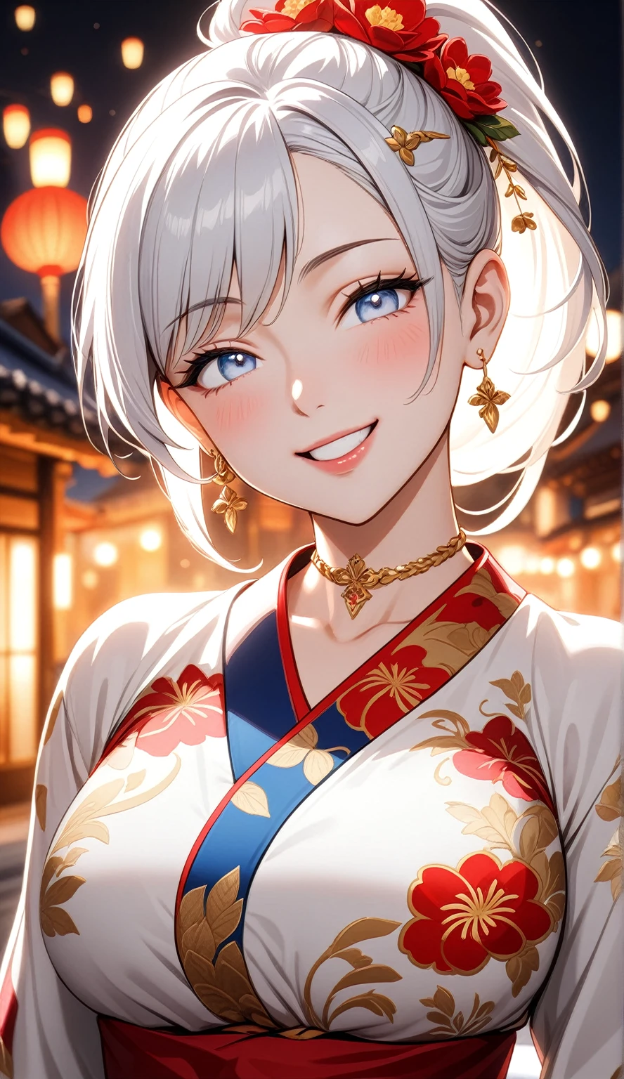 ((One personの女性)), Beautiful Face, (Laughing embarrassedly), (laugh:1.3),((Wink:1.9)), (head tilt:1.3), Laugh with your mouth wide open, upper teeth, ((Bright red cheeks:1.4)),Glossy Red Lips,rooftop, firework, Glossy red lips, Shining Face, ((Anime style background)),masterpiece, Highest quality, so beautiful,up to date, Complex details, (Pink long nails),(ring),(bracelet),(Floral choker),AI-generated, Complex,High resolution, Highest quality, super high quality,3D Images、3D Images,One person,Long white hair,High Ponytail, Anime woman posing for a photo,(blue eyes), ((Fine grain、Silvery white colorful eyes、Shining Eyes:1.4)), (Squint your eyes:1.1),a hyperRealistic , hyperRealistic , Realistic,Anime woman with long white hair, Smooth anime CG art, A woman in a colorful kimono with gold embroidery, (Black long sleeve kimono),Red floral pattern,Long flower hair ornament,Earrings,Mature Body,(Big Breasts:1.1),Tall,Abdominal muscles,Tight waist,(Zoom up to face:1.4), (front view),