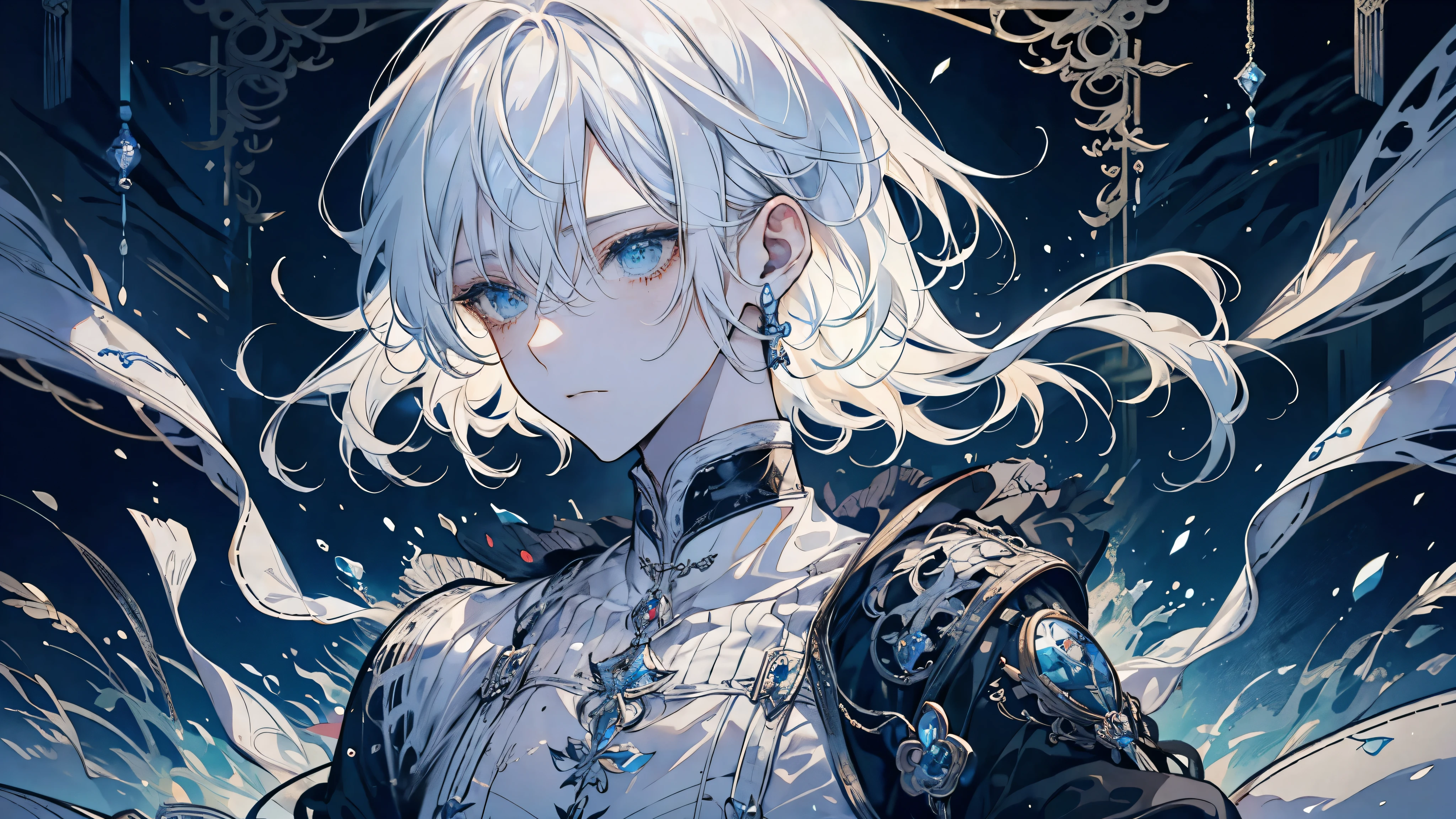 Watercolor, Dynamic configuration, male, 20-year-old, Very short hair, Flowing Hair, Asymmetrical bangs, Shiny platinum blonde hair, Beautiful detailed hair, good looking, Perfect hands, Heterochromia, White skin, knife, army, landscape, Very delicate and beautiful, Very detailed光, wallpaper 8k CG, Very detailed, Highest quality,
