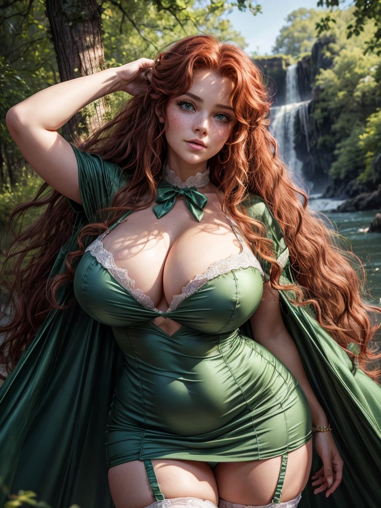 masterpiece, best quality, expressive eyes, perfect face, looking at viewer, large breast, big breast, wide hips, Best Quality, Realistic, curvy figure, highly detailed, showing cleavage, dressed as merida from brave, Red curly hair, big hair, blue eyes, Green outfit, in the forest, bow and arrow, detailed dress, freckles on her face, cheek blush, big puffy hair, very curly hair, castle in the bakcground, wearing a green cape, large nipples, short dress white stockings, garter, full body portrait