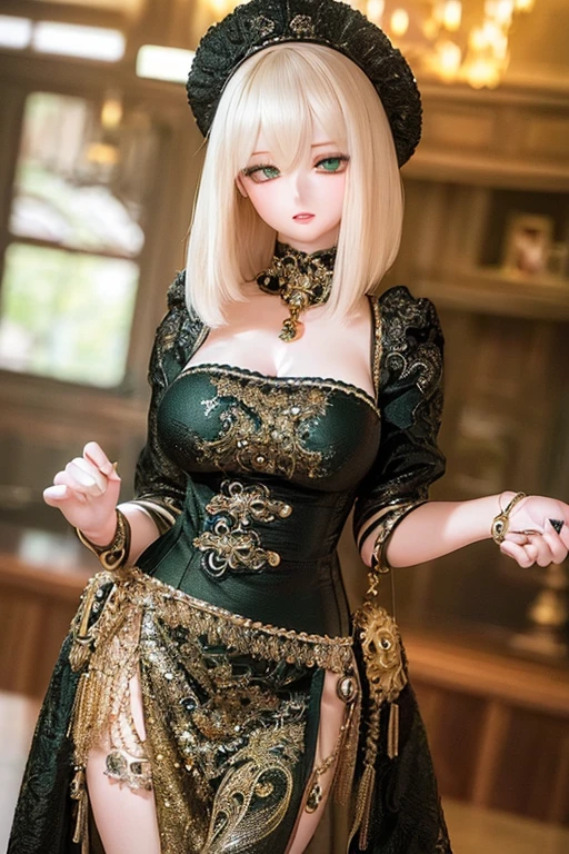 photorealistic, realistic photo, ((highest quality)), ((masterpiece)), (extremely detailed), kukolnydom, doll, (mature woman:1.6), solo, ((cowboy shot)), dynamic pose, green eyes, parted lips, (looking away, blank eyes, empty eyes, detailed eyes:1.3), dress, warehouse, 8k