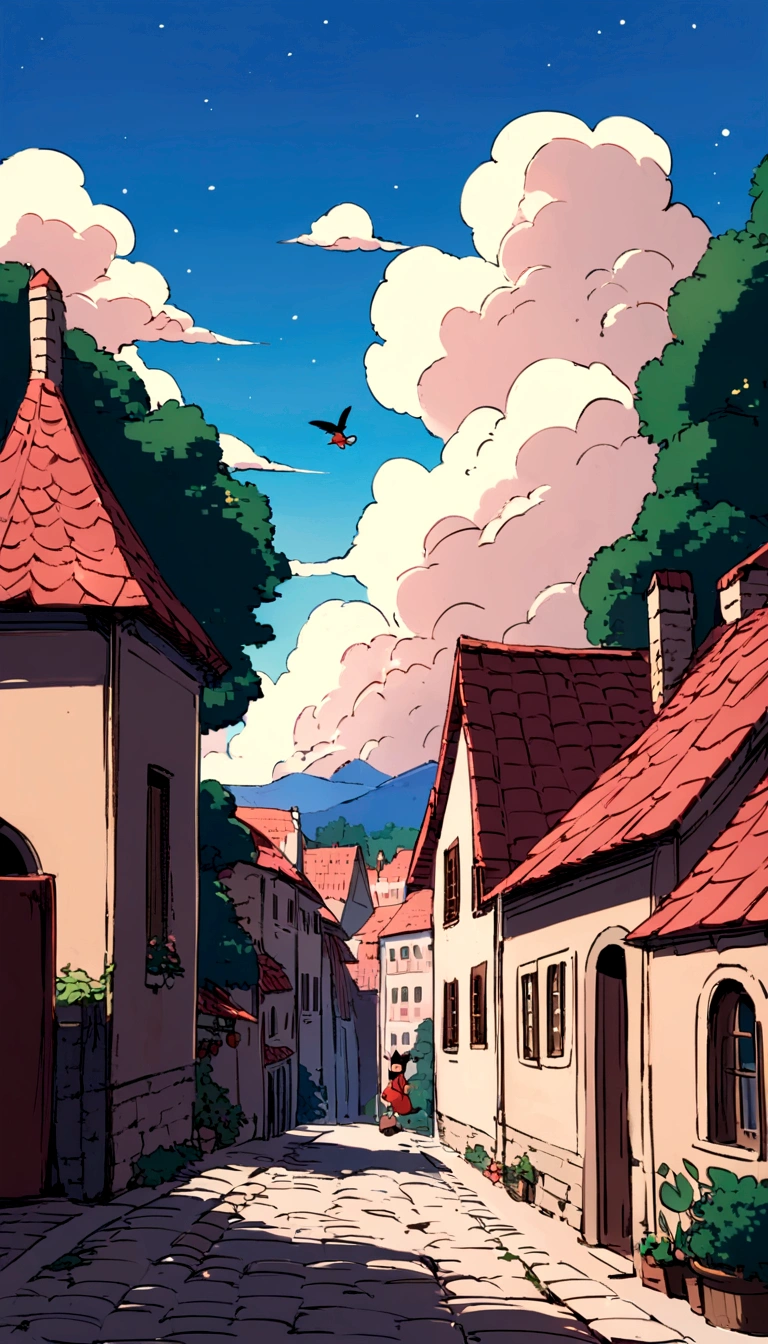 Fantasy painting,Kiki's Delivery Service,Girl Flying in the Sky,Back view,Ghibli style,Croatian residential area