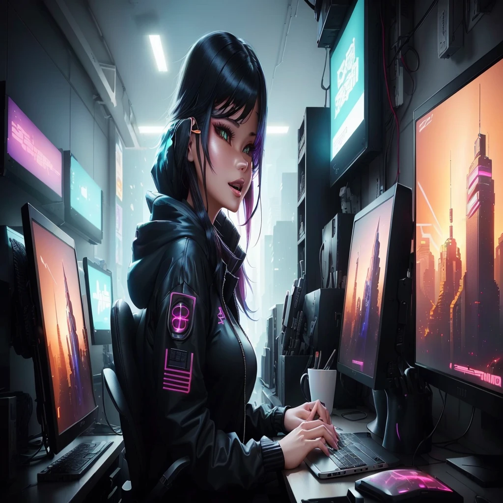 There is a woman sitting at a desk with a laptop and a monitor, digital Cyberpunk anime art, Digital Cyberpunk - Anime Art, Cyberpunk Anime Girl, Cyberpunk Anime Girl in hoodie, Cyber , female Cyberpunk Anime Girl, anime cyberpunk art, Cyberpunk anime art, Cyberpunk art style, dreamy Cyberpunk Girl, Cyberpunk Girl, Cyberpunk Style, Cyberpunk beautiful girl, Cyberpunk themed art,laughing face