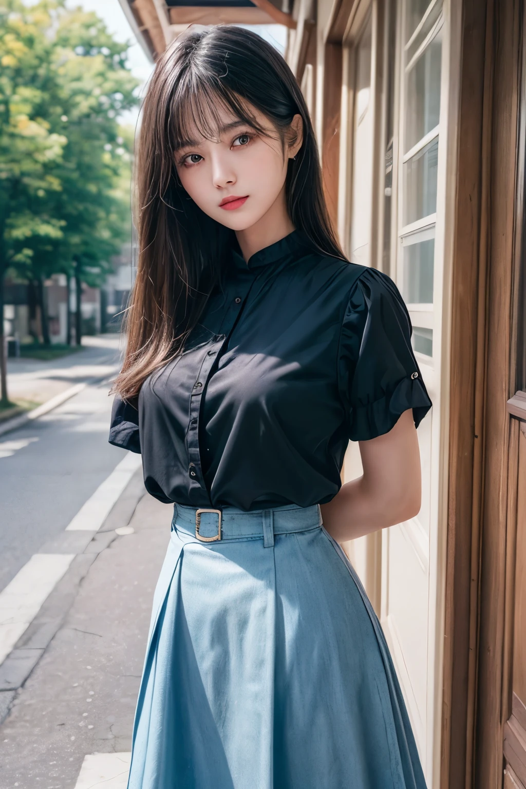 ((Best image quality、8K、masterpiece:1.3))、Realistic high-quality photos、Highest quality、Beautiful and graceful face and eyes、Black Hair、Shiny Hair、 OL、Wearing a short-sleeved blouse、Wear a long skirt、Put your arms behind your back、Full Body Shot.