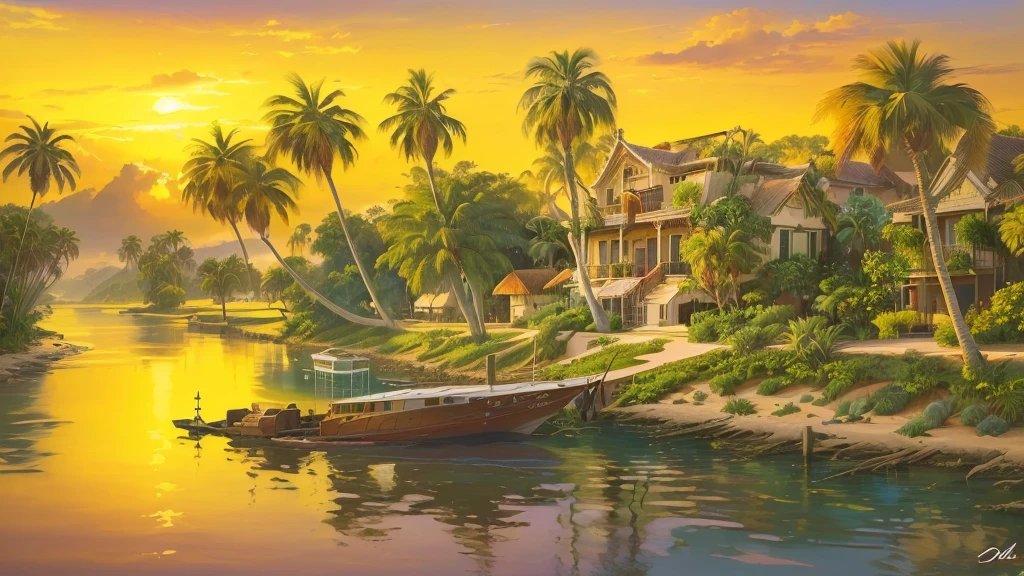 painting of a boat on a river with palm trees and a house, tropical landscape, scenery artwork, beautiful art uhd 4 k, beautiful oil matte painting, scenery art detailed, detailed painting 4 k, a beautiful artwork illustration, oil painting 4k, oil painting 4 k, 4 k hd wallpaper illustration, dream scenery art, detailed scenery —width 672