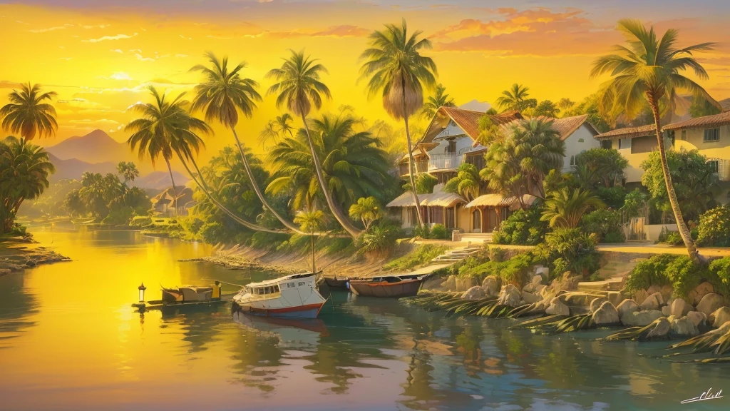 painting of a boat on a river with palm trees and a house, tropical landscape, scenery artwork, beautiful art uhd 4 k, beautiful oil matte painting, scenery art detailed, detailed painting 4 k, a beautiful artwork illustration, oil painting 4k, oil painting 4 k, 4 k hd wallpaper illustration, dream scenery art, detailed scenery —width 672