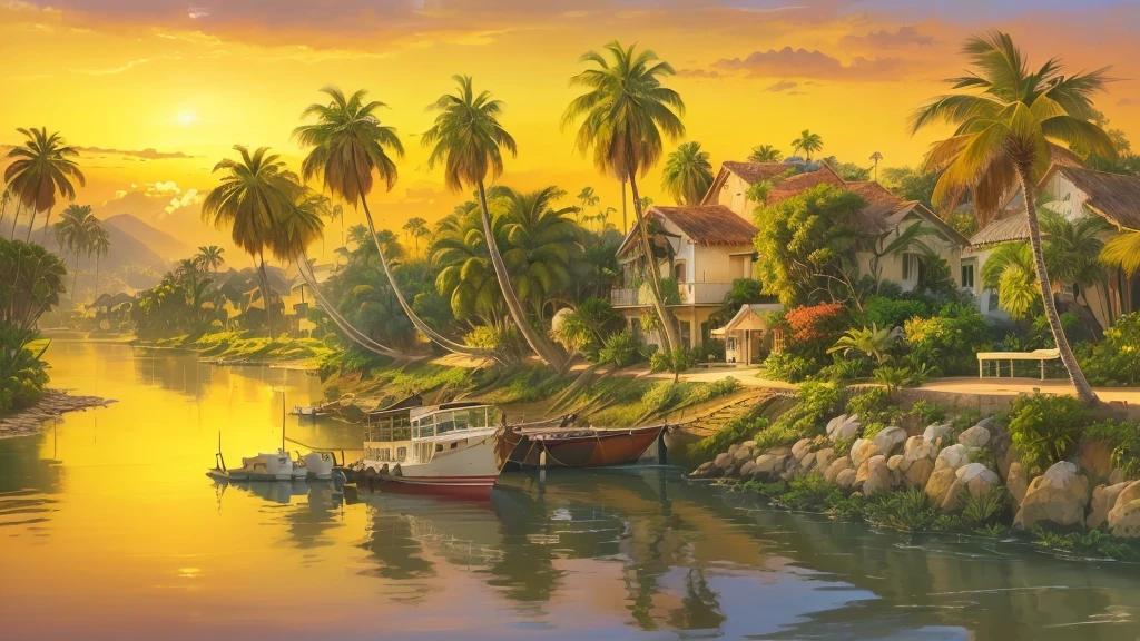 painting of a boat on a river with palm trees and a house, tropical landscape, scenery artwork, beautiful art uhd 4 k, beautiful oil matte painting, scenery art detailed, detailed painting 4 k, a beautiful artwork illustration, oil painting 4k, oil painting 4 k, 4 k hd wallpaper illustration, dream scenery art, detailed scenery —width 672