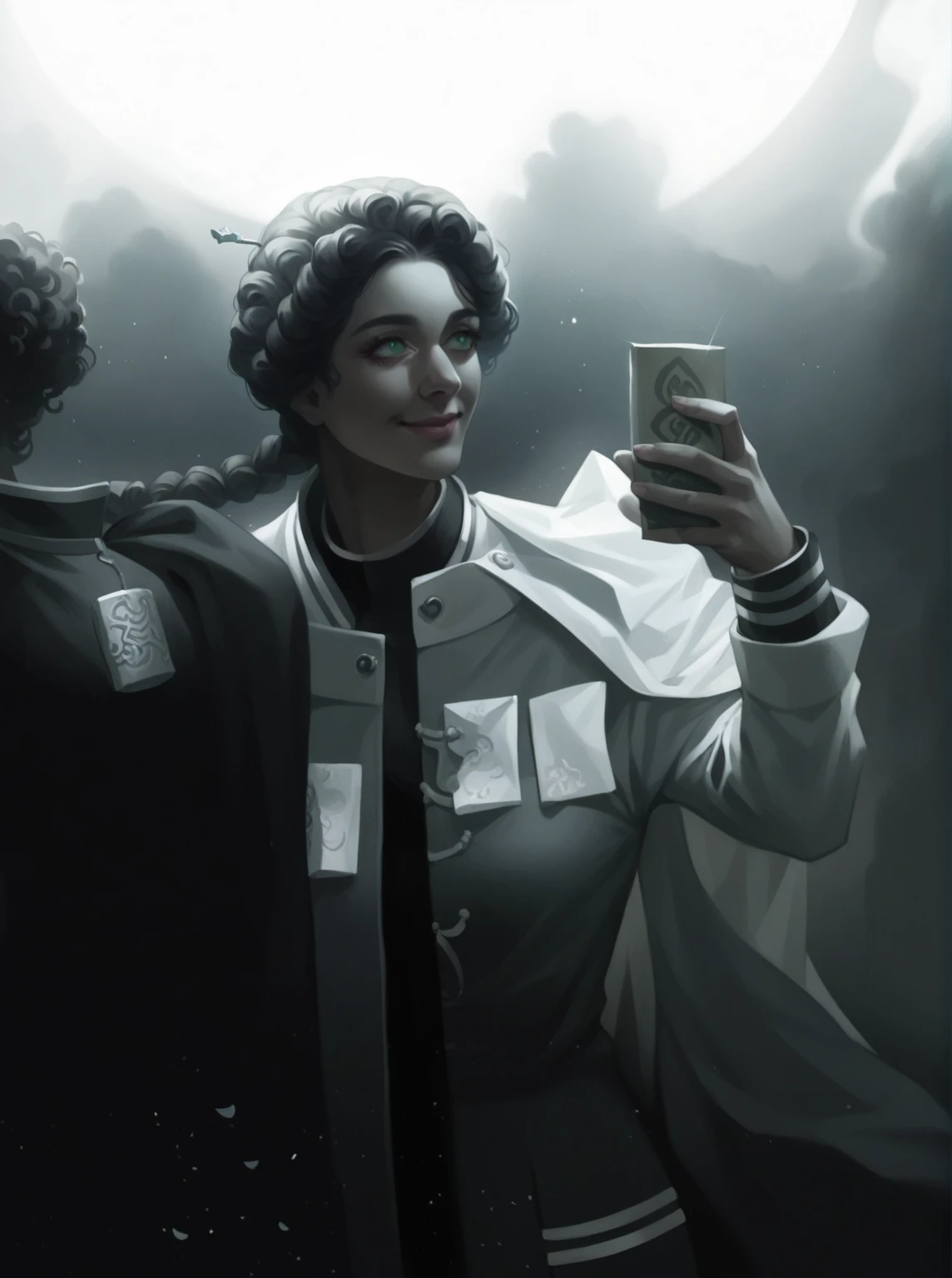 Masterpiece, best, night, full moon, 1 female, mature woman, Chinese style, ancient China, elder sister, royal sister, smile, dark brown hair, dark hair, princess cut, braid, curly hair, double ball head, pale pink Lips, calm, intellectual, medium hair, green pupils, hairpin, hydrangea, delicate face, face close-up, hand close-up