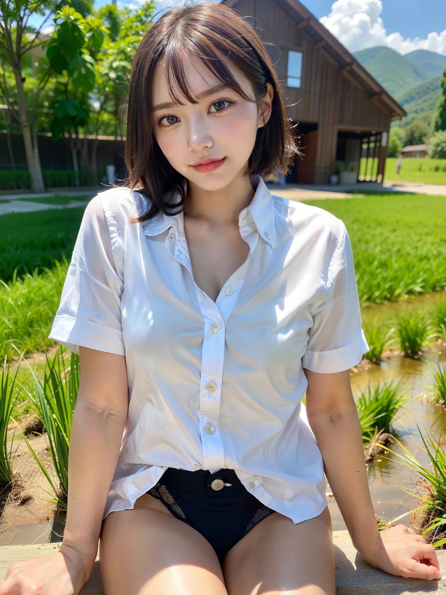 ((Best of the highest quality, 8k, Masterpiece, raw photo: 1.2)), (Sharp focus: 1.2), (1 AESPA, slim body type female, 21 y/o: 1.1), (Solo: 1.28), (realistic, photo-realistic:1.37), face focus, cute face, finely eyes, (droopy eyes: 1.32), (Emphasize prominent aegyo-sal with bright: 1.2), shimmering eyeshadow applied under the lower lash line, paired with thick, (small breasts, flat chest, Thigh: 1.3), (short messy hair: 1.28), (wearing button down business shirt, panties: 1.32), sitting on rice field, paddy field, flower, (from below: 1.12)