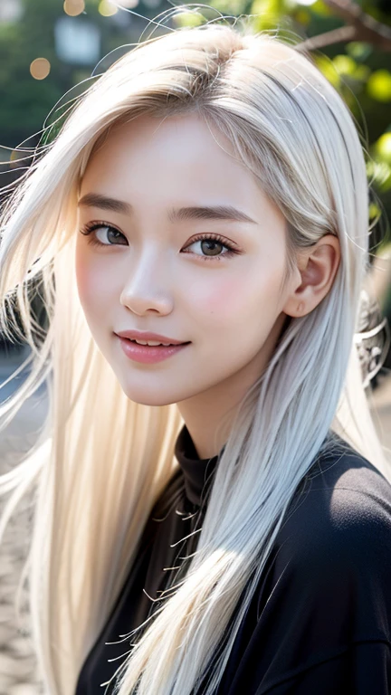 With the alleys of Kyoto in the background、18 year old girl、independent、facing forward、Light eye makeup、white hair color、Flat 、hair blowing in the wind、quality of actress、shiny, super high quality real skin ,realistic face、Smile expression、Moist eyes、look up、calming lighting effect、 ultra-realistic capture、very detailed、High resolution 16K close-up of human skin。Skin texture must be natural、Must be detailed enough to see pores、skin is healthy、Must be even tone、Use natural light and color、High quality photos taken by a modeling agency&#39;Exclusive photographer、smile