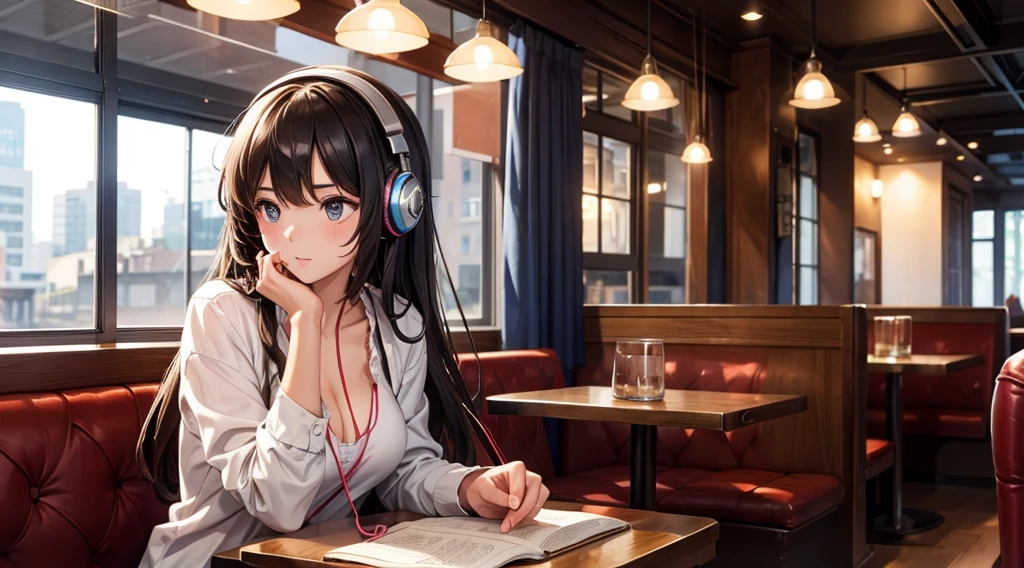 Girl with headphones enjoying music in a cafe　I am studying　Emphasize a little bit of the chest