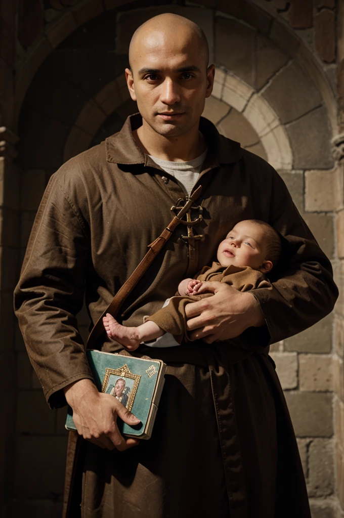 saint antonio, with tonsured hair, wearing brown friar clothes, holding baby Jesus.