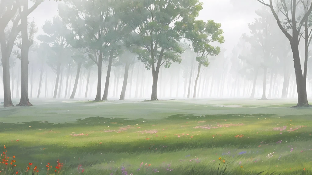vast green meadow, morning fog, gray sky with copper highlights, dawn, ethereal atmosphere, masterpiece, award winner.