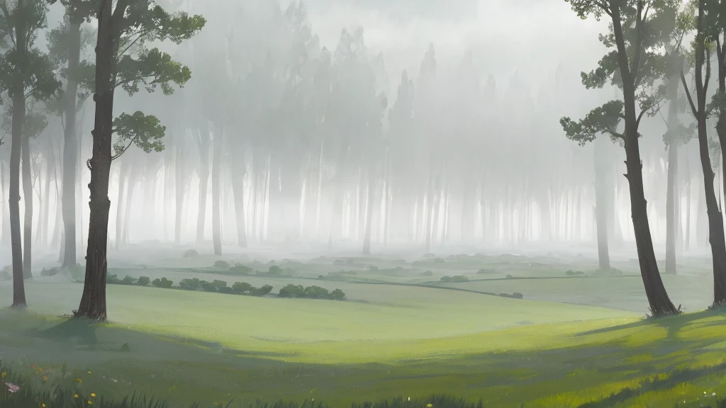 vast green meadow, morning fog, gray sky with copper highlights, dawn, ethereal atmosphere, masterpiece, award winner.