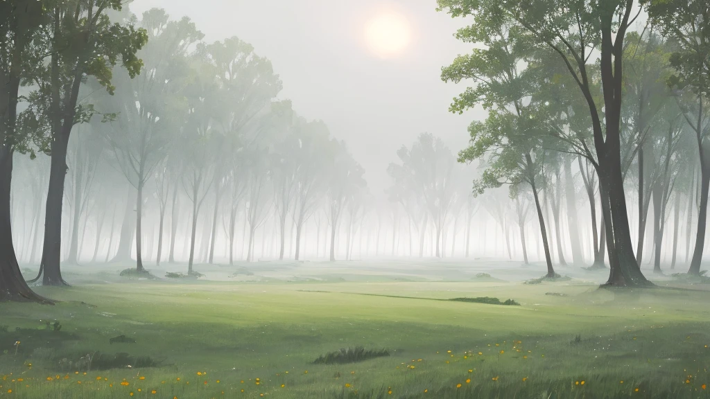 vast green meadow, morning fog, gray sky with copper highlights, dawn, ethereal atmosphere, masterpiece, award winner.