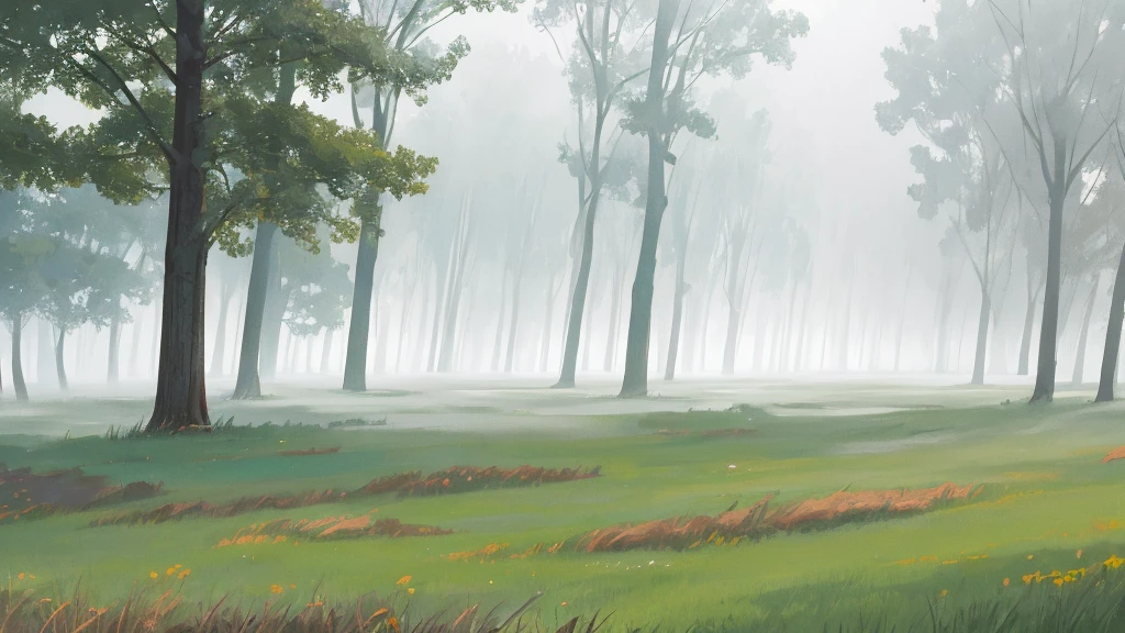 vast green meadow, morning fog, gray sky with copper highlights, dawn, ethereal atmosphere, masterpiece, award winner.
