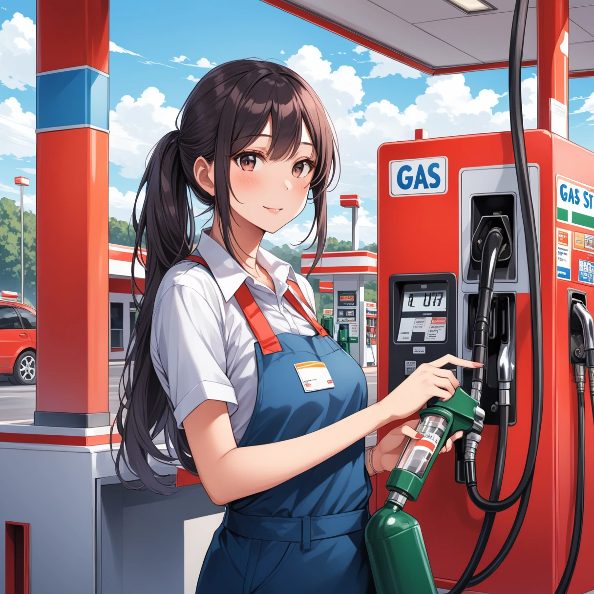 Girl working at a gas station