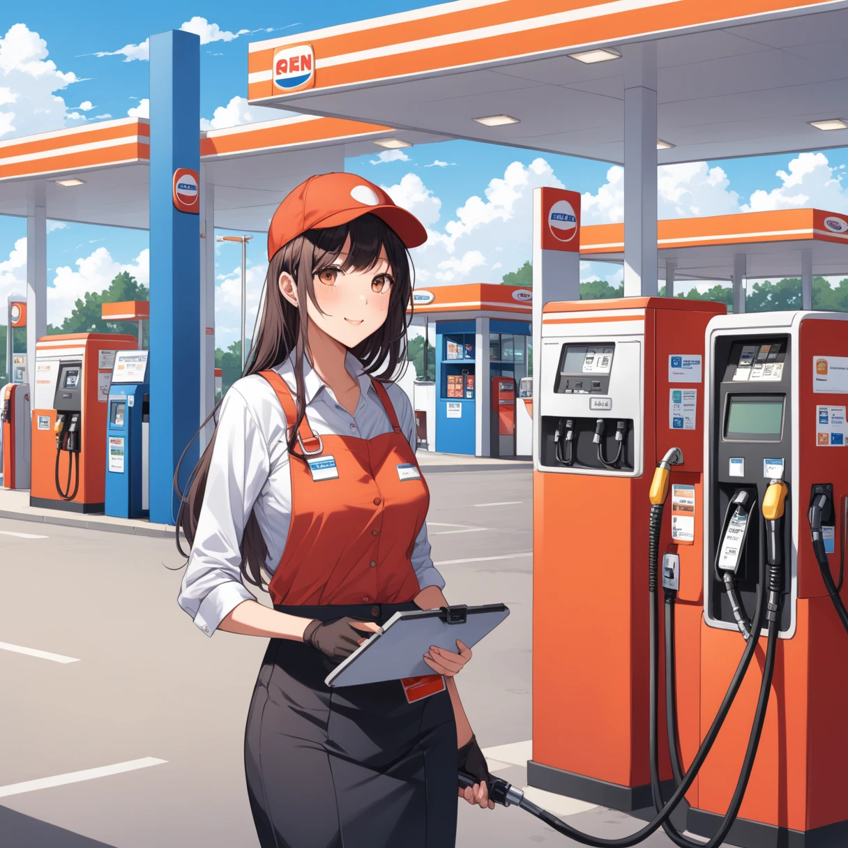 Girl working at a gas station