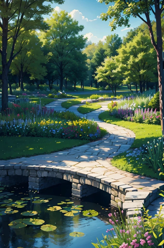 Illustration for an article about landscape design, variety of colors, bench near the pond. hd quality