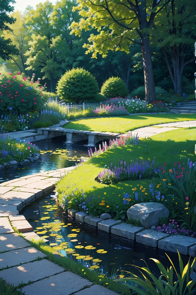 Illustration for an article about landscape design, variety of colors, bench near the pond. hd quality
