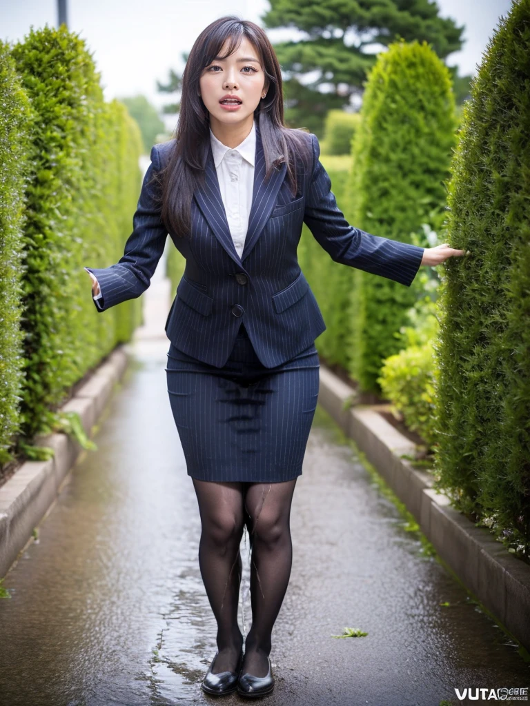 (masutepiece,High quality,16k:1.1),(depth of fields:1.3) ,((front body:1.35)),Japanese ,Woman, ((business suit, black vertical striped pencil skirt )), tights,huge breasts, voluptuous, thicc, curvy,(Looking at Viewer:1.3),(full body shot:1.2),(Beautiful Morning view of town:1.2),peeing self, wetting her clothes, can't hold her pee face, wetting herself desperate, pee desperation pose, her body can't hold her pee and wets herself ultra desperate in the middle of the cicty in absolute desperaton wetting herself, pee runing down her legs, standing up, hyper pee desperate face, big pee pudle