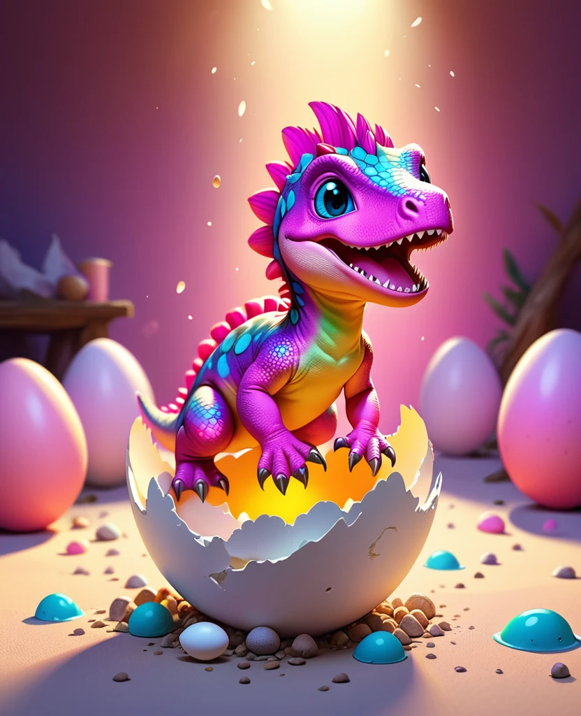 a cute pink baby dinosaur hatching from an eggshell, colorful illustration, whimsical, dynamic composition, vibrant colors, soft lighting, highly detailed, 8k, photorealistic, masterpiece