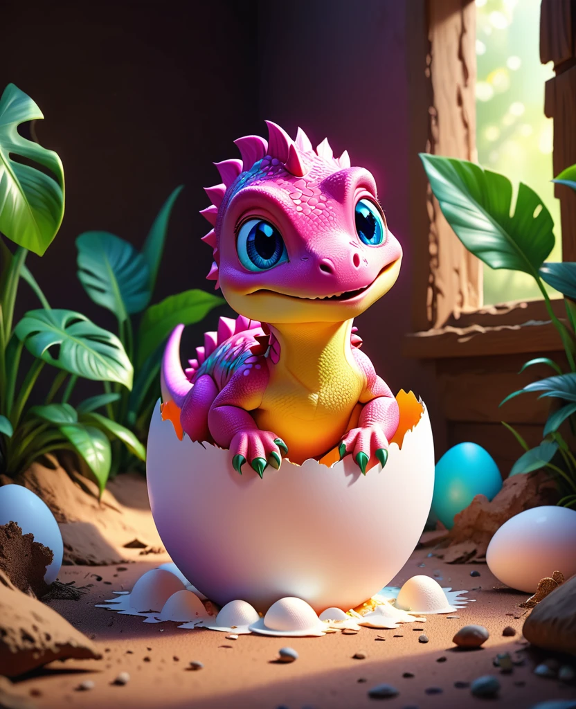 a cute pink baby dinosaur hatching from an eggshell, colorful illustration, whimsical, dynamic composition, vibrant colors, soft lighting, highly detailed, 8k, photorealistic, masterpiece