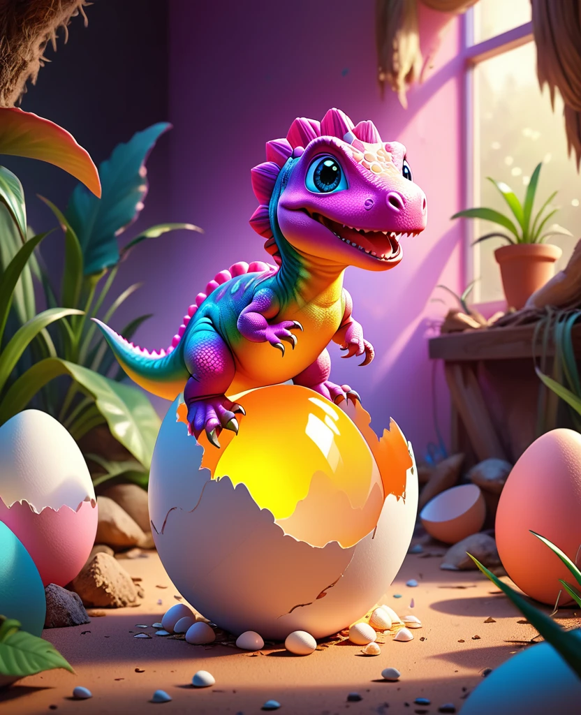a cute pink dinosaur hatching from an eggshell, colorful illustration, whimsical, dynamic composition, vibrant colors, soft lighting, highly detailed, 8k, photorealistic, masterpiece